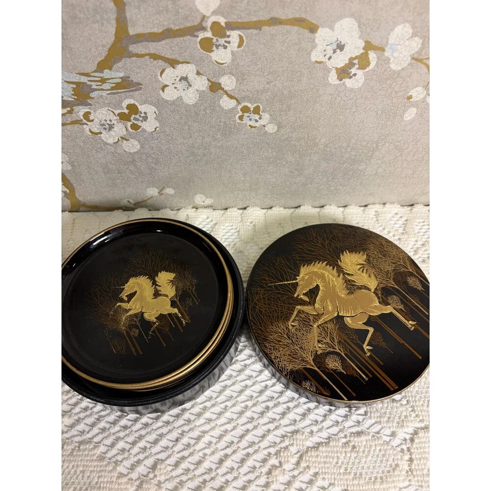 Vintage Otagiri Japan Black Gold Lacquer Unicorn Coaster Set with Lidded Box